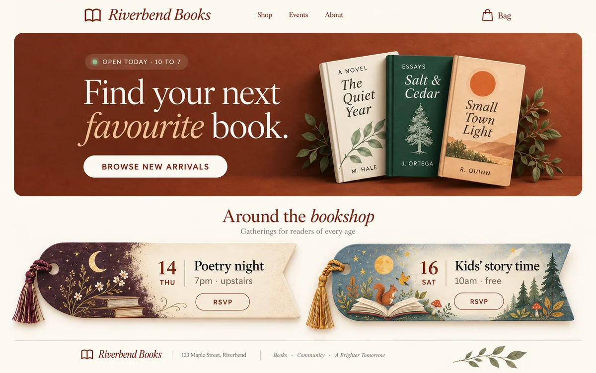 Redesigned Riverbend Books website: hero with featured books and bookmark-style event cards